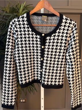 Taylor Black White Houndstooth Pearl Button Cardigan Sweater L